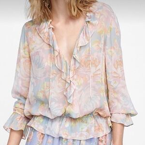 NEW Zara Boho Flowy Floral Ruffle Blouse Small  Romantic Cottage Core Prairie